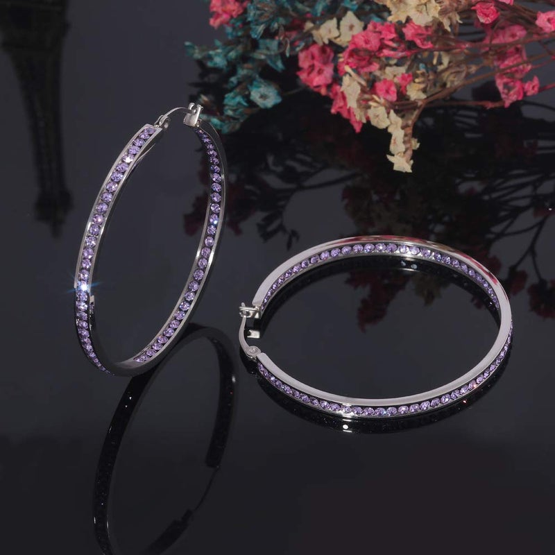 CiNily Purple Cubic Zirconia Stainless Steel Hoop Earring for Women Hypoallergenic Jewelry for Sensitive Ears Large Big Hoop Earrings 2" - Image 5